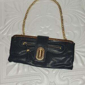 Elegant Black Leather Clutch with Gold Chain